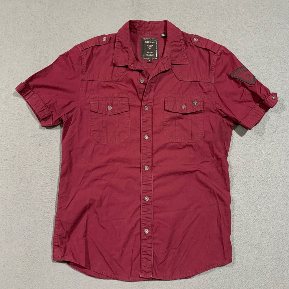 Guess Womens Short Sleeve Military Button Up Shirt Burgundy Red Small BLDG.03